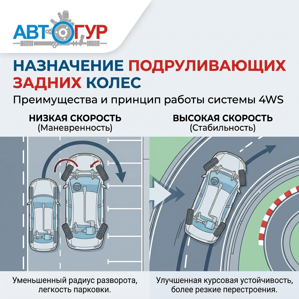 Назначение подруливающих задних колес в автомобиле
