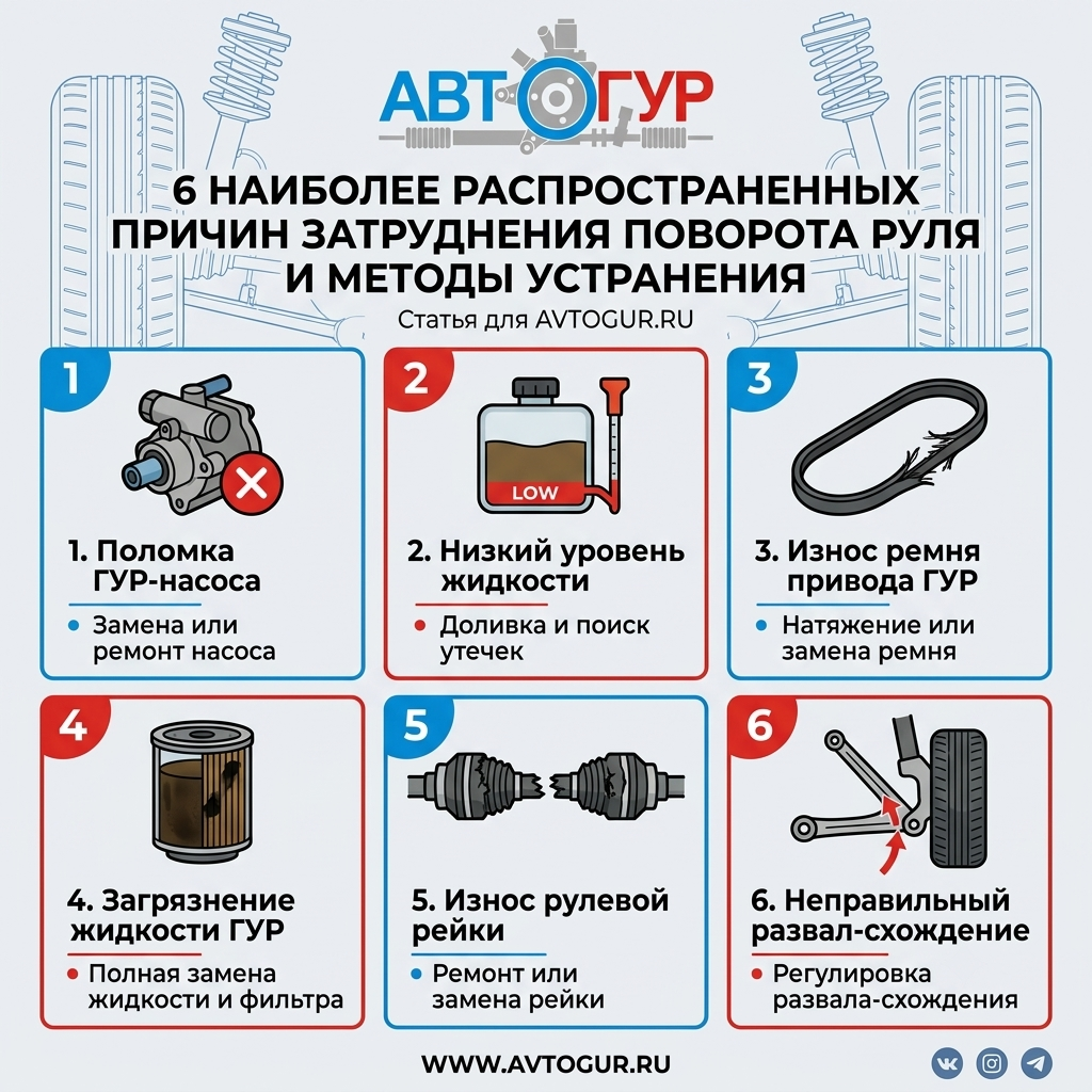 6 наиболее распространенных причин, вызывающих затруднения при поворотах рулевого колеса и методы устранения